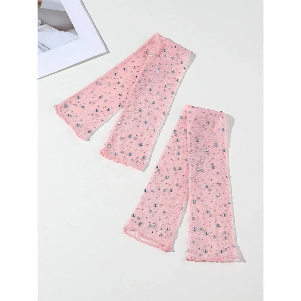 Women's Sparkly Rhinestone Arm Long Sleeves Pink Gloves Fingerless Elbow Length